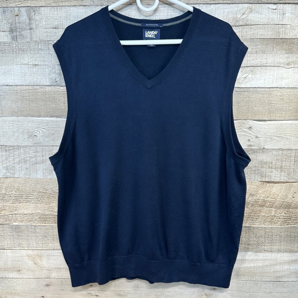 Lands End Mens XL Navy Blue 100% Supima Cotton V-Neck Sweater Vest